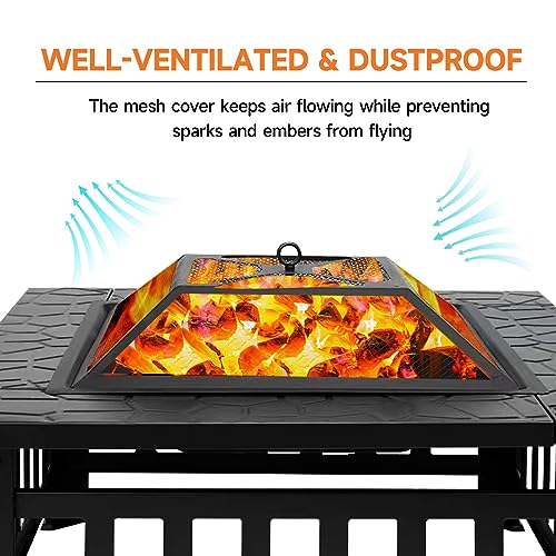 30" Fire Pit Table with Marble Tile Top, Fire Pit with Spark Screen Lid, Fire Grate, Waterproof Cover, and Fire Poker for Outside Patio, Yard Party