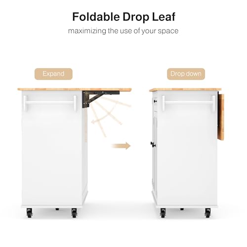 Ahomly Kitchen Island with Storage, Island Table for Kitchen with Drop Leaf, 5 Wheels, Interal Storage Rack, a Drawer, Spicy Rack and Towel Bar
