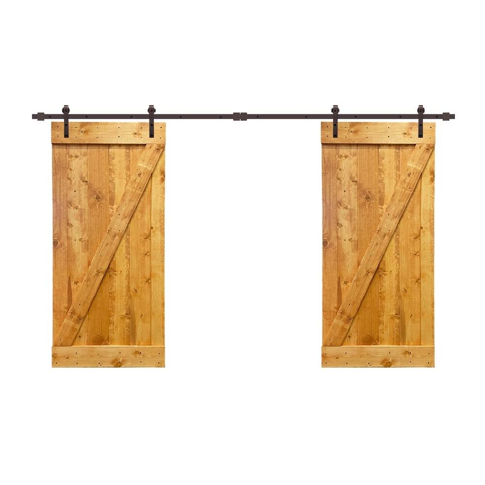 CALHOME 76 in. x 84 in. Z Bar Series Red Walnut Stained Solid Pine Wood Interior Double Sliding Barn Door with Hardware Kit