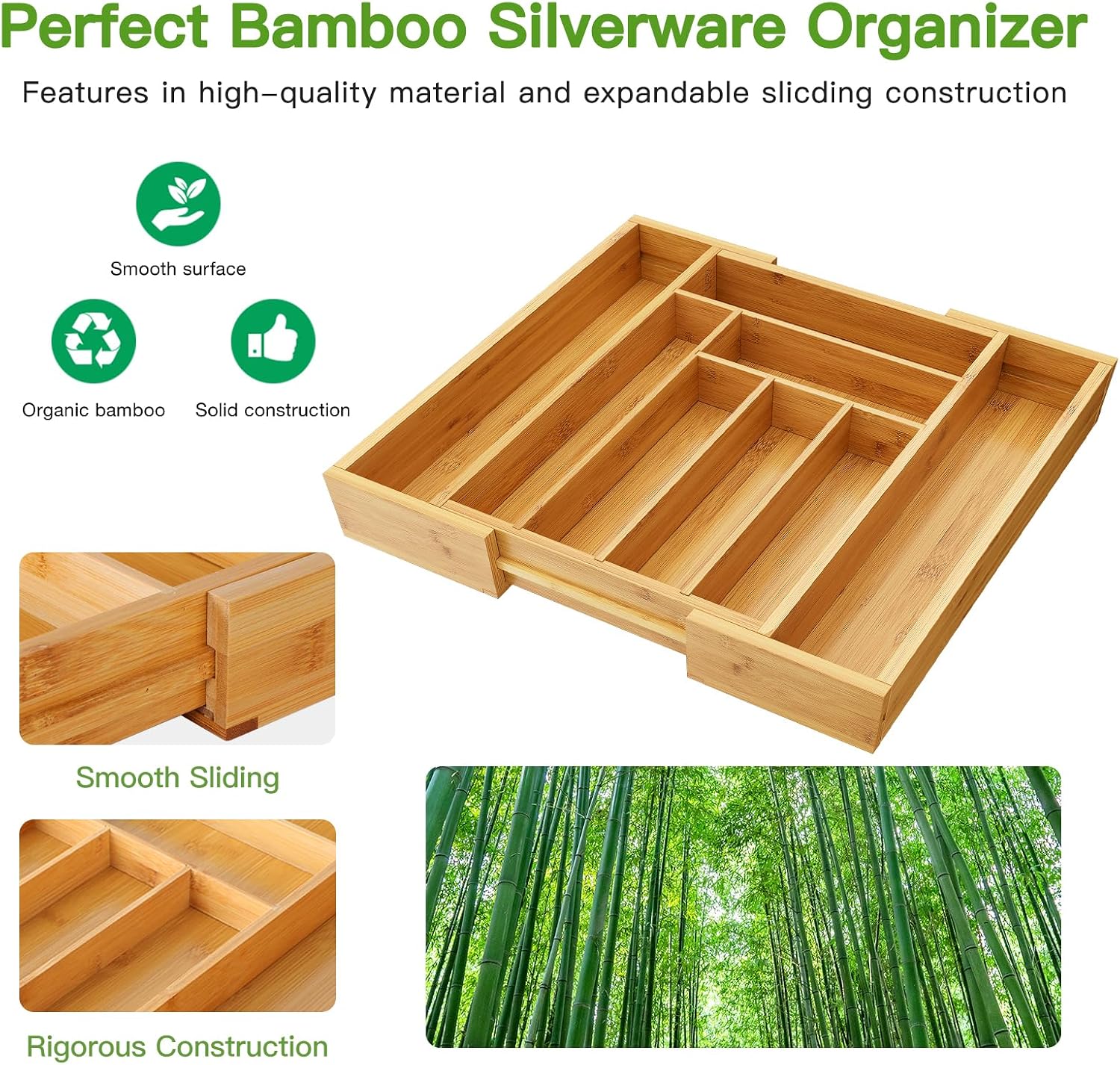 Pipishell Bamboo Expandable Silverware Drawer Organizer, Adjustable Kitchen Utensil Tray for Forks, Spoons and Knives