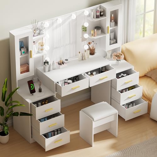 ANWBROAD 59.1" Large Vanity Desk Table with Mirror & Lights White Makeup Vanity with Power Outlet and 8 Drawers 3 Lighting Modes Adjustable Vanity