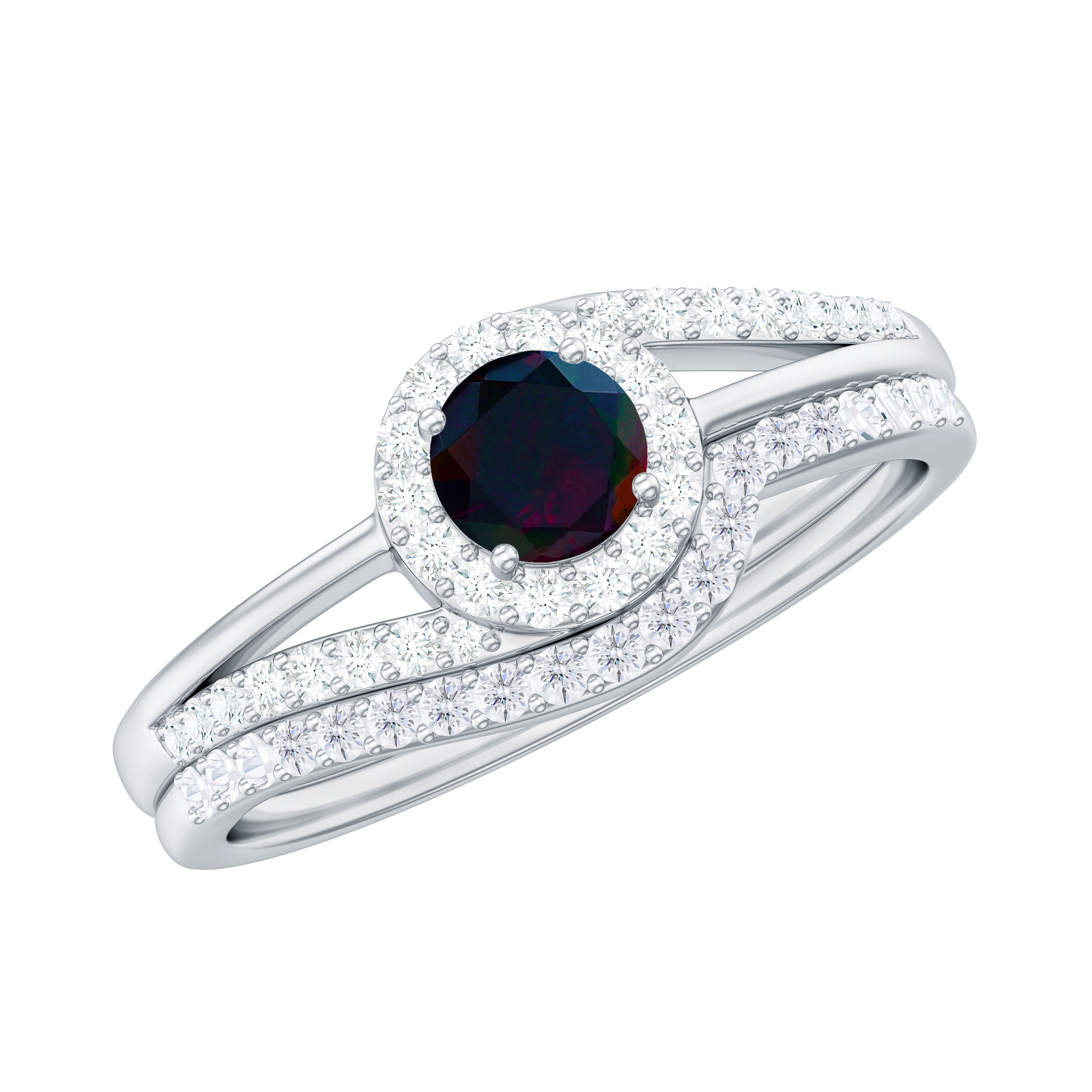 Natural Black Opal Ring Set with Diamond for Women (AAA Quality), 925 Sterling Silver, US 4.00