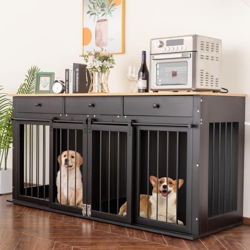Sunseen Dog Crate Furniture Large Breed Wooden Dog Kennel with Room Divider & 3 Drawer