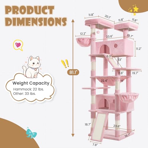 SHA CERLIN 81in Multi-Level Tall Cat Tree Tower for Indoor Kitties/Larger Cat Condo Furniture with Hammock/Cozy Pussycat Perches/Sisal Scratching