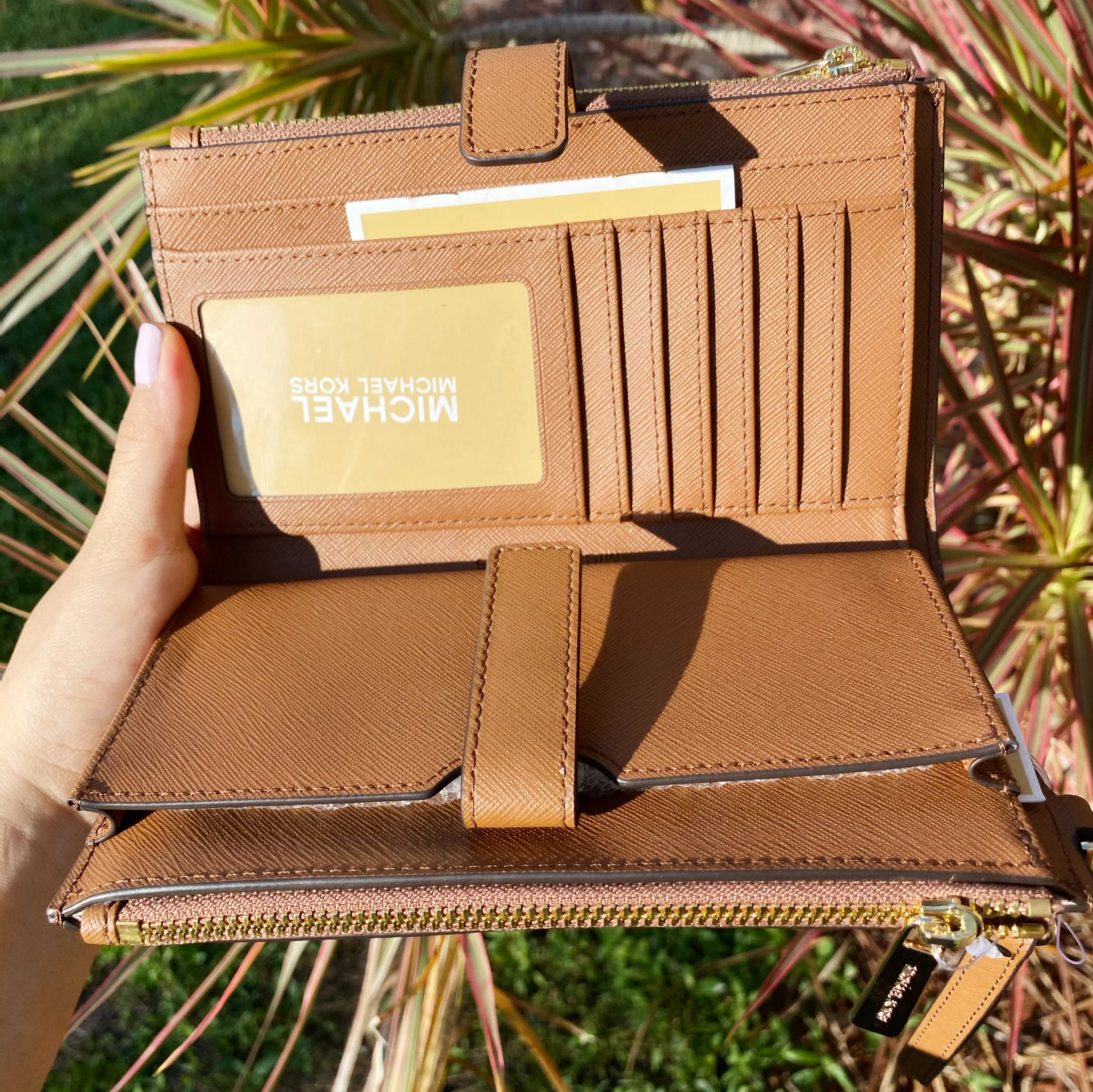 Michael Kors Jet Set Double Zip Wristlet Leather Phone Wallet Luggage Brown