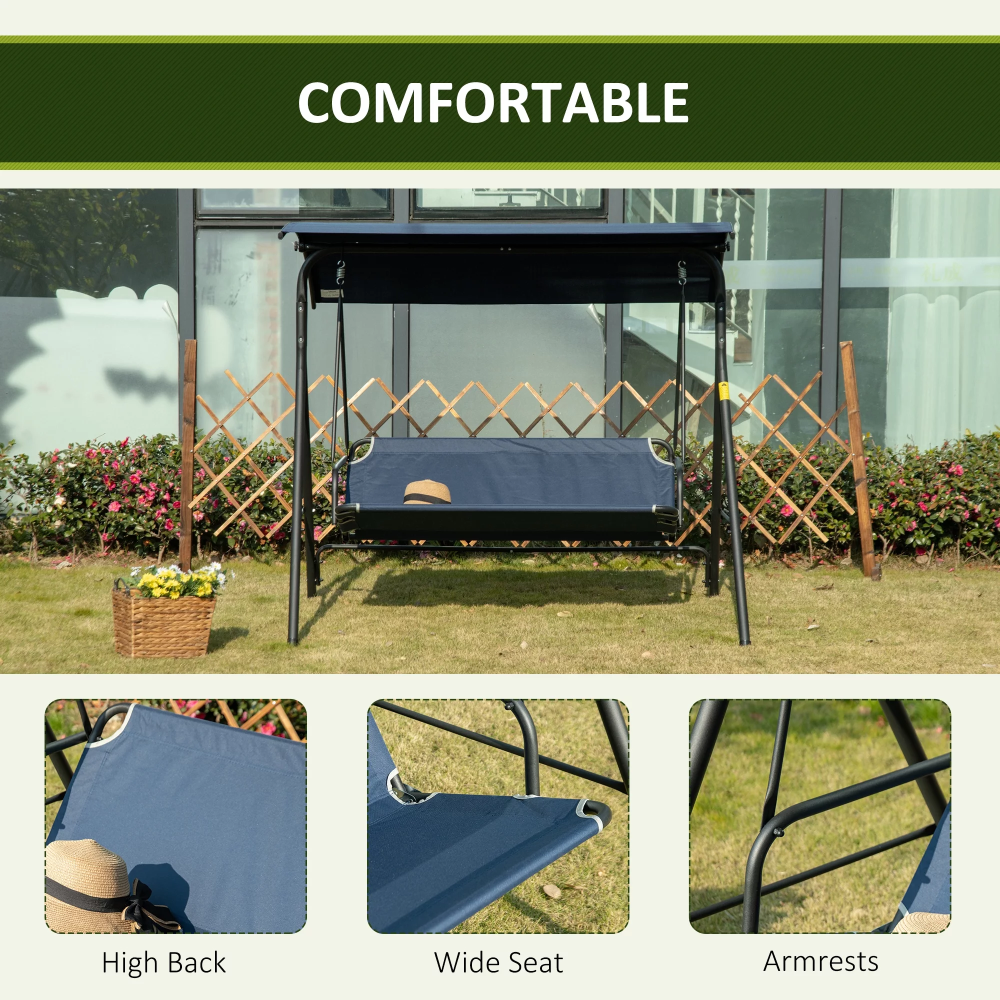Outsunny Steel Porch Swing - Dark Blue