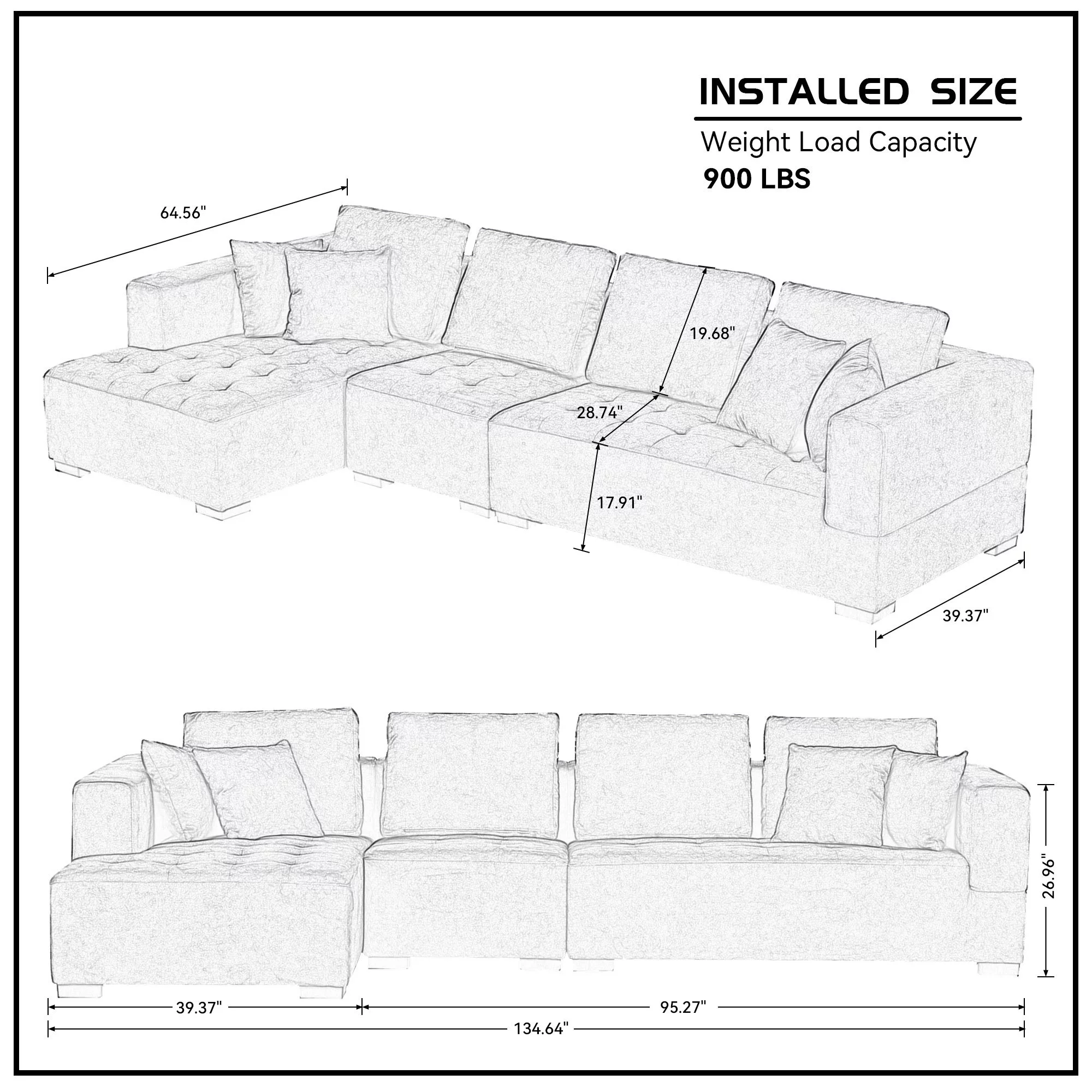 134'' Mid Century Modern Sofa L-Shape Sectional Sofa Couch Left Chaise for Living Room, Beige