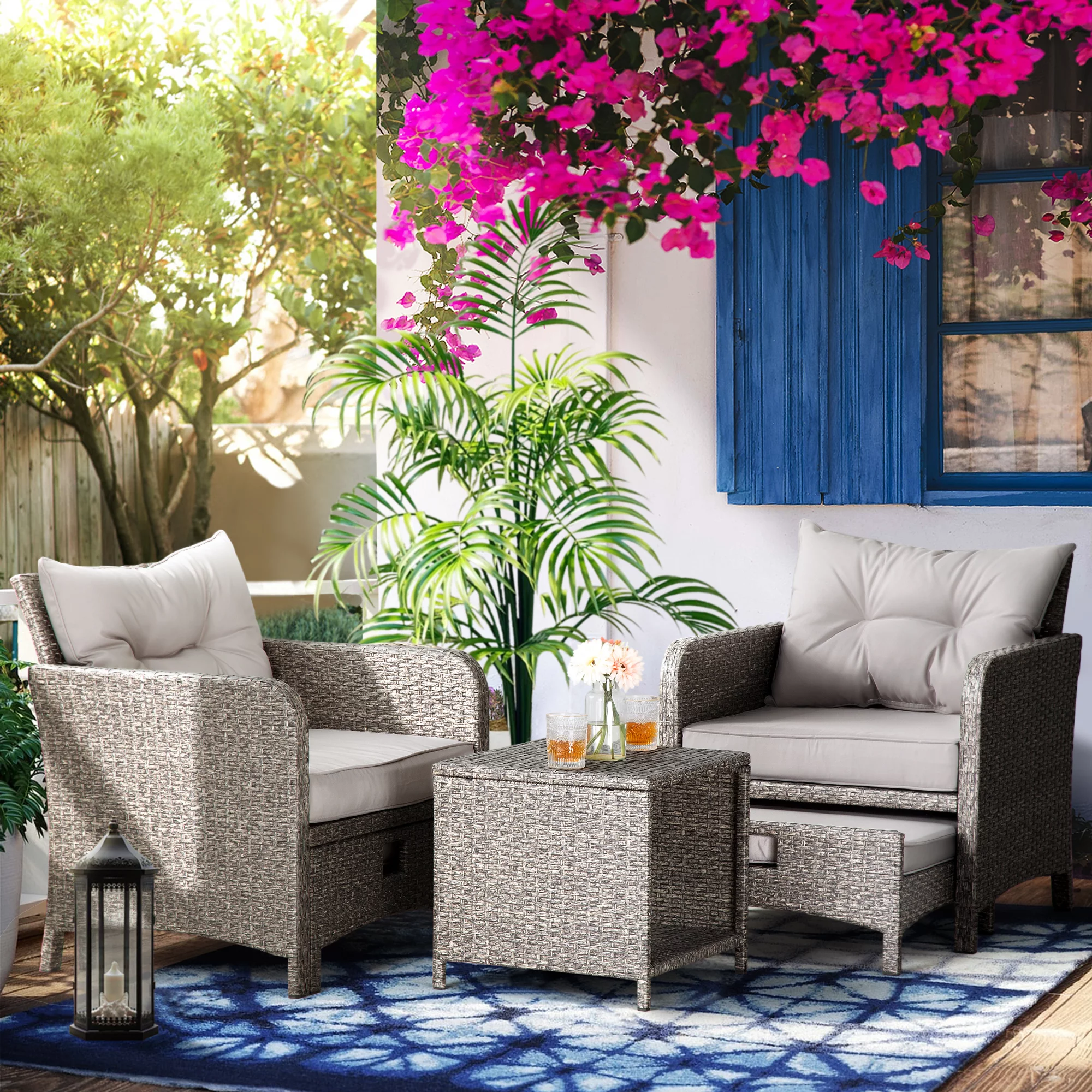 PAMAPIC 5 Pieces Wicker Patio Furniture Set Outdoor Patio Chairs with Ottomans (Gray)