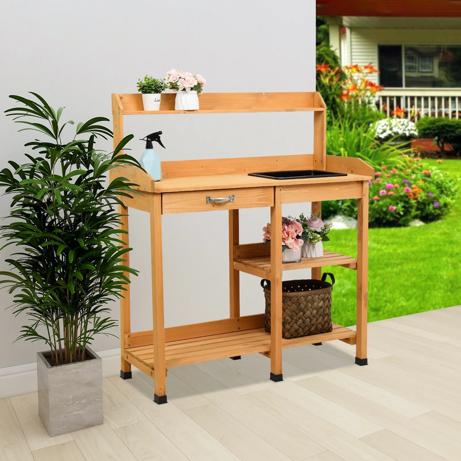Wooden Potting Bench, Work Station Table, Outdoor Garden Potting Table with Sink, Hooks and Storage Shelf for Garden Supplies, Natural