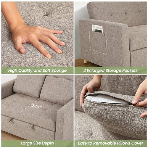 SEJOV 3-in-1 Convertible Sofa Bed, Linen Fabric Sleeper Couch Pull Out Bed, 49" 2-Seater Loveseat Futon Sofa with Spring Support