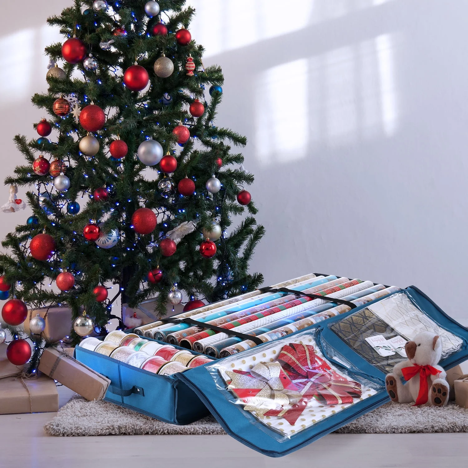 Hearth & Harbor Wrapping Paper Storage Container, Christmas Storage Bag with Interior Pockets - Fits Up to 22 Rolls of 40