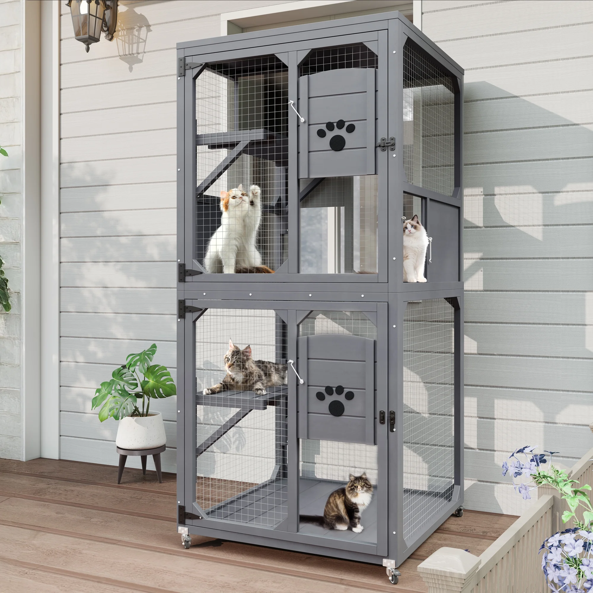 Montary Catio Outdoor Cat Enclosure with Window Access, 4-Tier Cat House with Wheels, Waterproof Roof &amp; Resting Box, Large Gray Cage