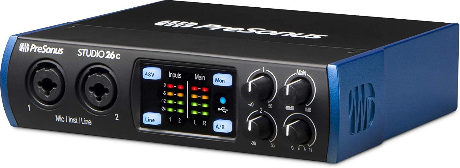 PreSonus Studio 26c 2x4 USB Type-C Audio/MIDI Interface with Studio One 5 Artist DAW Software with Audio-Technica AT2020 Vocal Microphone Arm Kit for