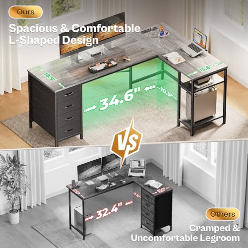 Huuger 63 Inch L Shaped Desk with Fabric Drawers, Reversible Computer Gaming Desk with Power Outlets and USB-C Port, Adjustable Side Storage Shelves