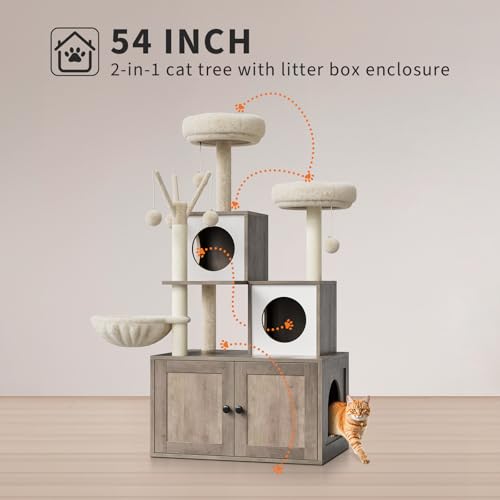 57.5-Inch Cat Tree with Litter Box Enclosure 2-in-1 Modern Cat Tower with Cat Condo/Hammock/Scratching Post/Plush Perch/Removable Pompom Sticks/Caves