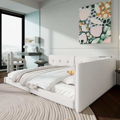SOFTSEA Full Size Upholstered Floor Daybed, Modern L-Shaped Daybed Corner Bed with USB Ports