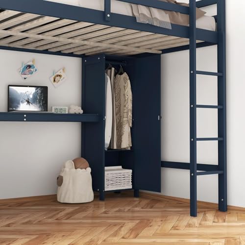 Harper & Bright Designs Full Size Loft Bed with Wardrobe and L-Shaped Desk, Metal Loft Bed with Storage Cubes, Cabinet, Shelves for Kids Teens, White