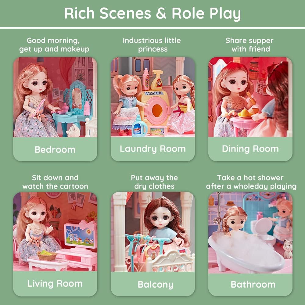 Dollhouse with Furniture Accessories 15 Rooms Pretend Play Doll House Pink Dreamhouse Movable Slides Stairs Pet & Dolls& Led Lights for Toddlers 1:12