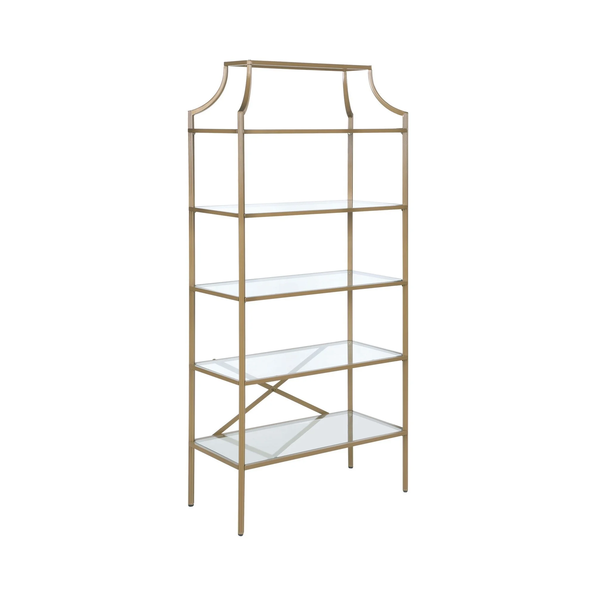 Bookcase with 5 Tempered Glass Shelves and Metal Frame, Gold