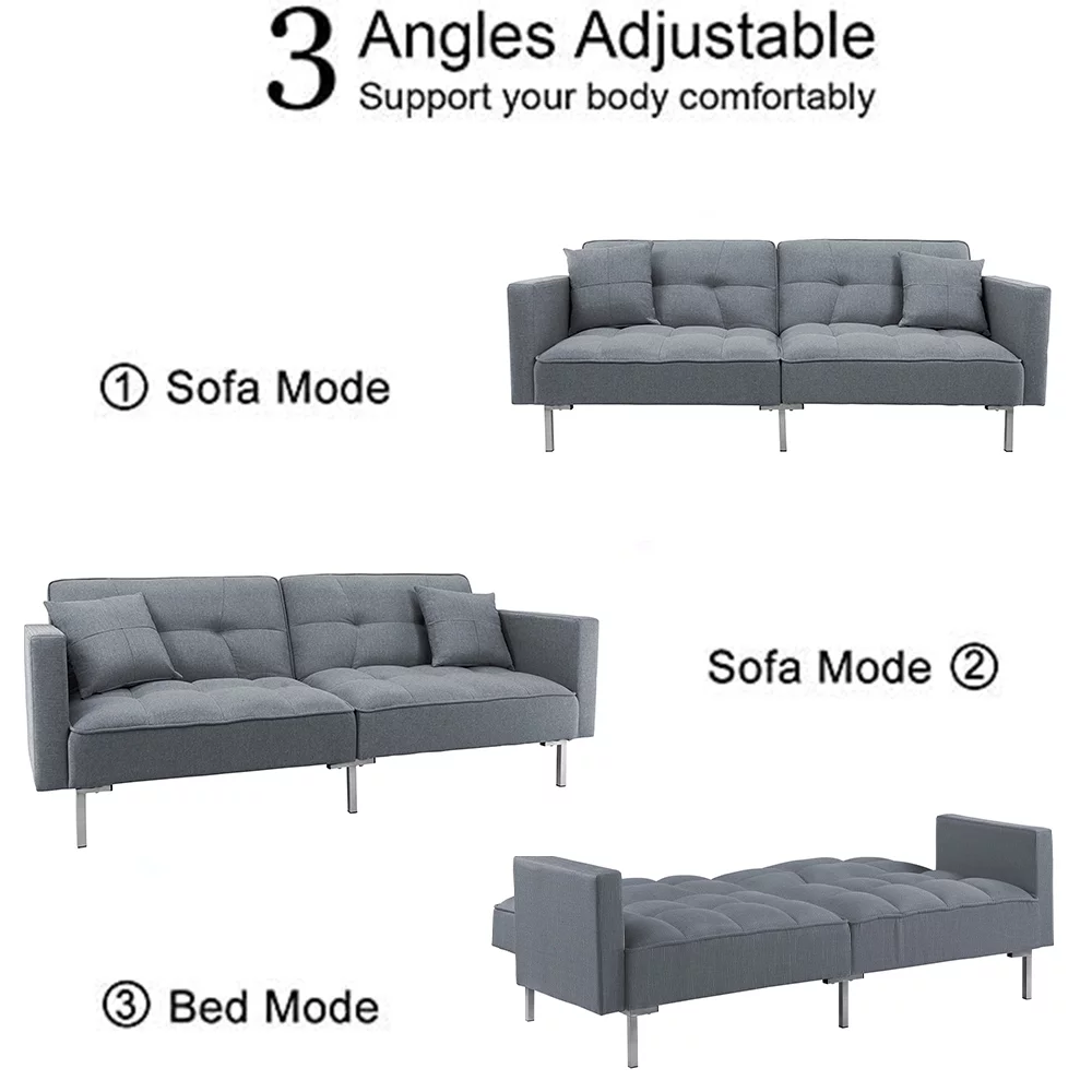Gray Futon Sofa Bed, Convertible Folding Sofa Bed, Modern Upholstered Sleeper Sofa Bed with 2 Pillows and Metal Legs