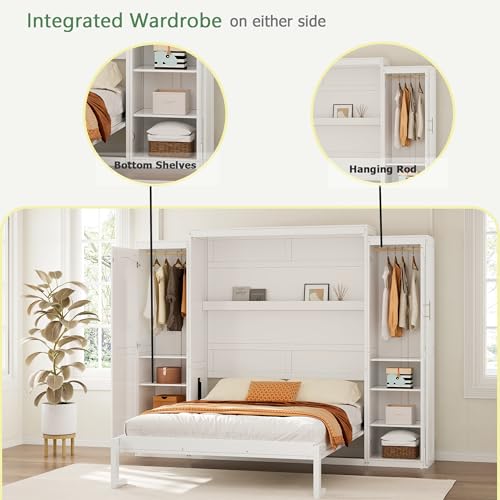 Polib Full Size Murphy Bed with Two Wardrobes and Storage Shelf, Space-Saving Wall Cabinet Bed with Foldable Platform Bedframe for Small Bedrooms
