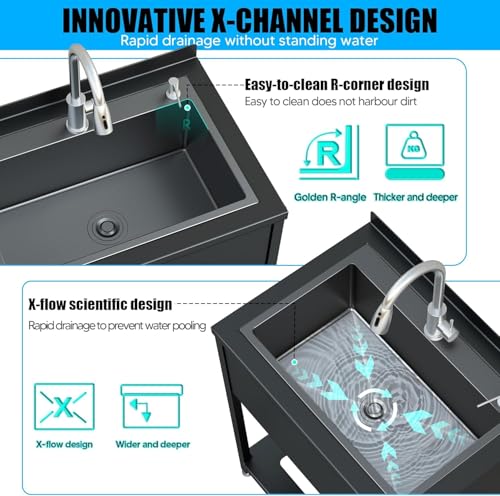 Stainless Steel Utility Sink, 30.8" × 22" × 39.5"Freestanding Sink with Cold and Hot Water Faucet,Hoses and Drain Kit for Kitchens, Bathrooms, Garage