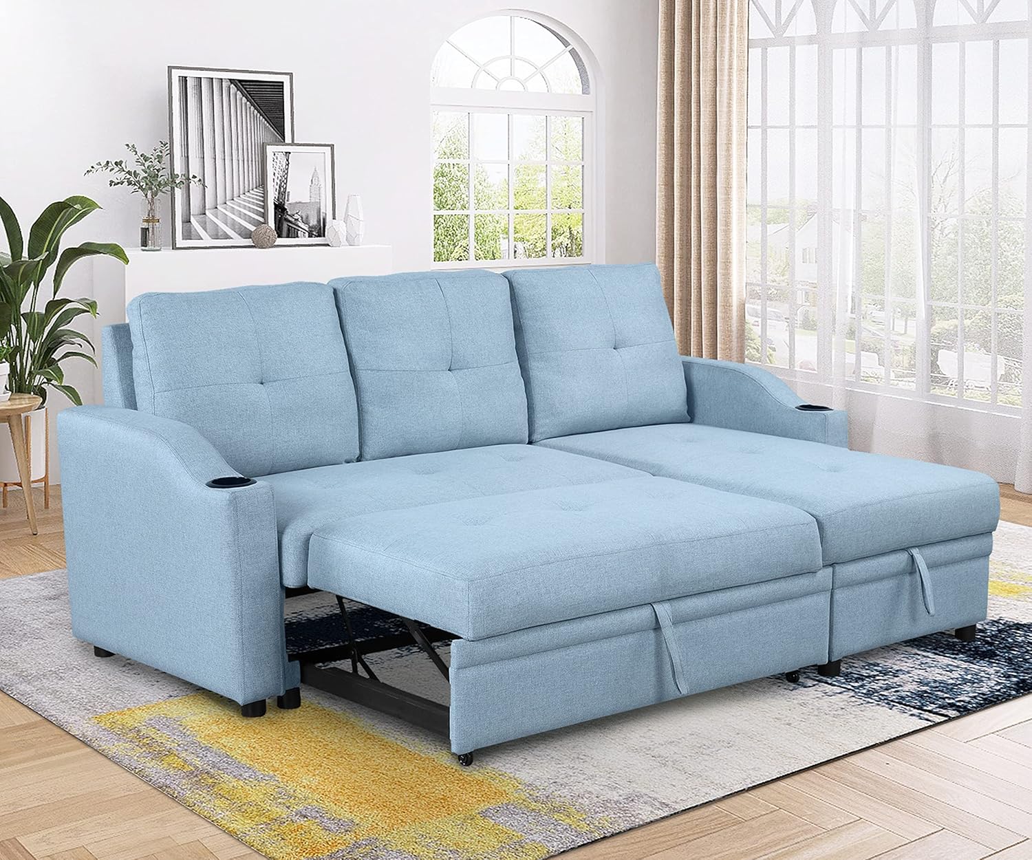 80.3" L-Shape Convertible Sleeper Sofa with Pull-Out Bed, Storage Chaise and 2 Cup Holders