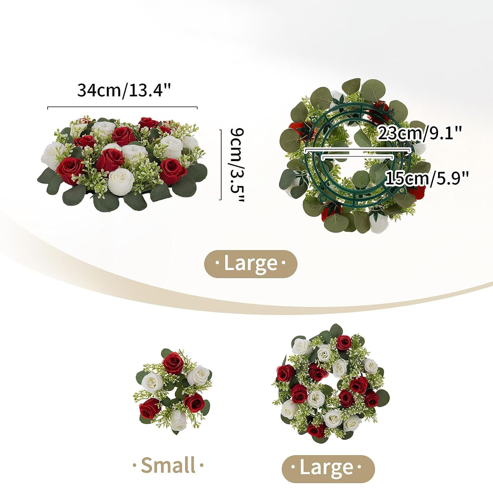 Blosmon Candle Rings Wreaths 6 Pcs 13.4" Large Burgundy & White Artificial Flowers Wedding Centerpiece for Table Spring Summer Fake Rose Wreath for