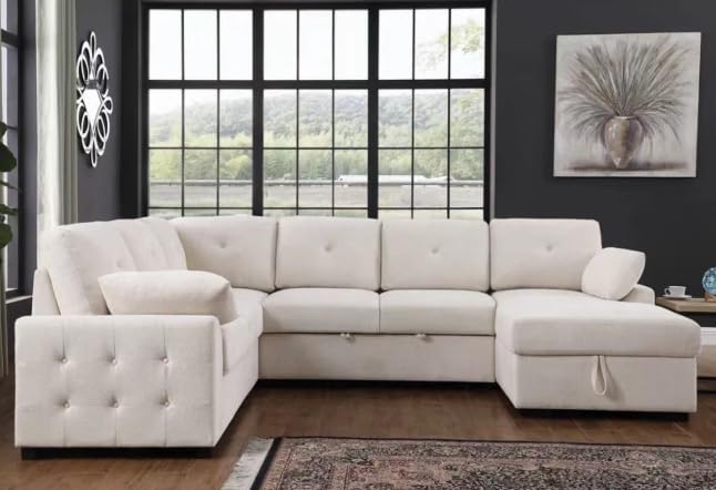 L-Shaped Pull Out Sleep Sofabed,Modern Reversible Sleeper Sectional Sofa Chenille Upholstered Button Tufted Decor with Storage Chaise