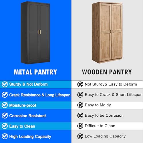 Pantry Cabinet, 71 Inch Tall Kitchen Storage Cabinet, Metal Pantry Cabinet with Doors and Adjustable Shelves, Black Food Cupboard