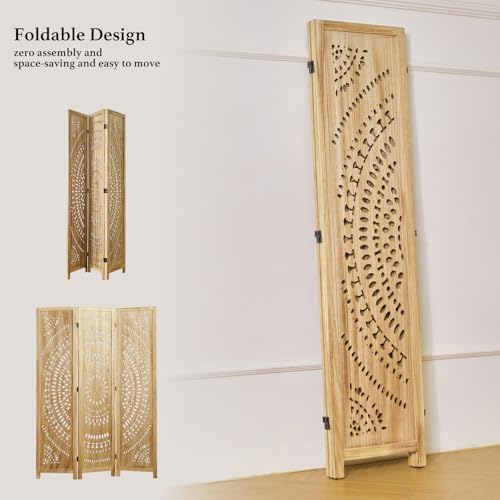 66.9Inch Folding Room Divider, 6 Panels Wood Carved Privacy Screens