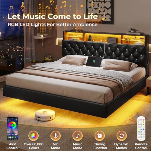 ADORNEVE King Size Floating Bed Frame with LED Lights & Hidden Storage Headboard