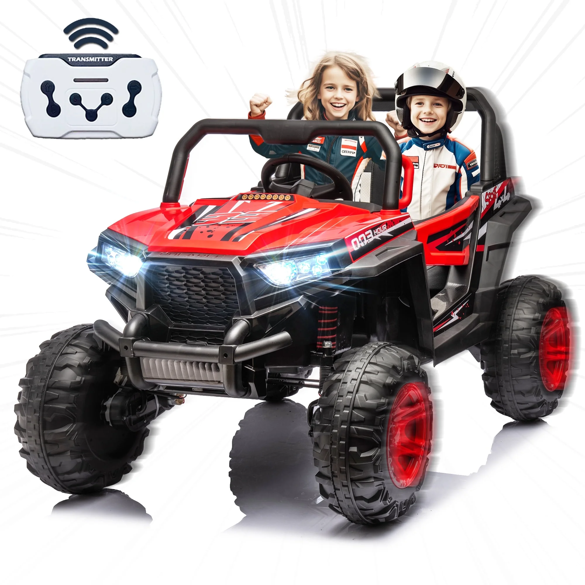 24V 2 Seater Ride on Car for Kids, 4 Wheel Drive Truck with Leather Seat and Remote Control, 24V Battery Powered Off-Road UTV Toy with LED Lights