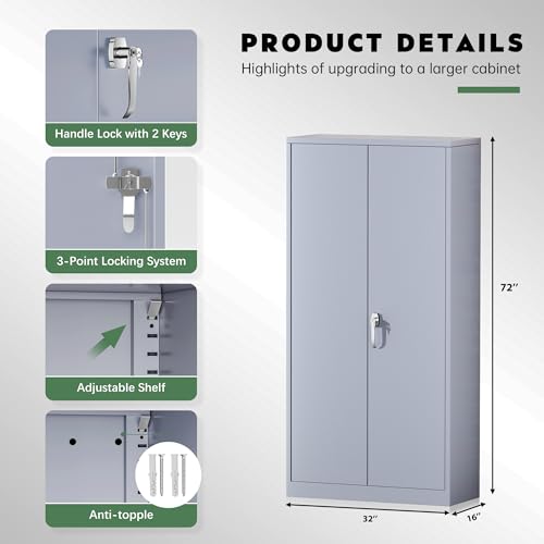 Greenvelly Steel SnapIt Storage Cabinet 72" Locking Metal Garage Storage Cabinet with 4 Adjustable Shelves, 2 Doors and Lock for File, Office, Garage