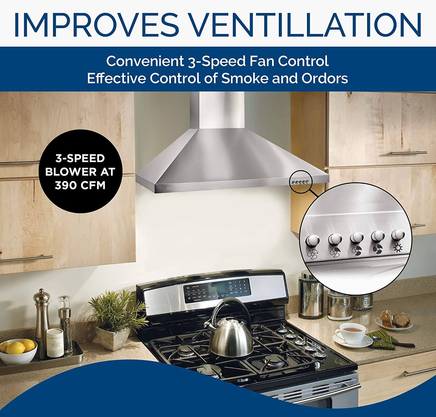 Broan Nutone Bw5030ssl Convertible, 3-Speed Modern European Design Wall-Mounted LED Lights Stainless Steel Chimney Range Hood, 3
