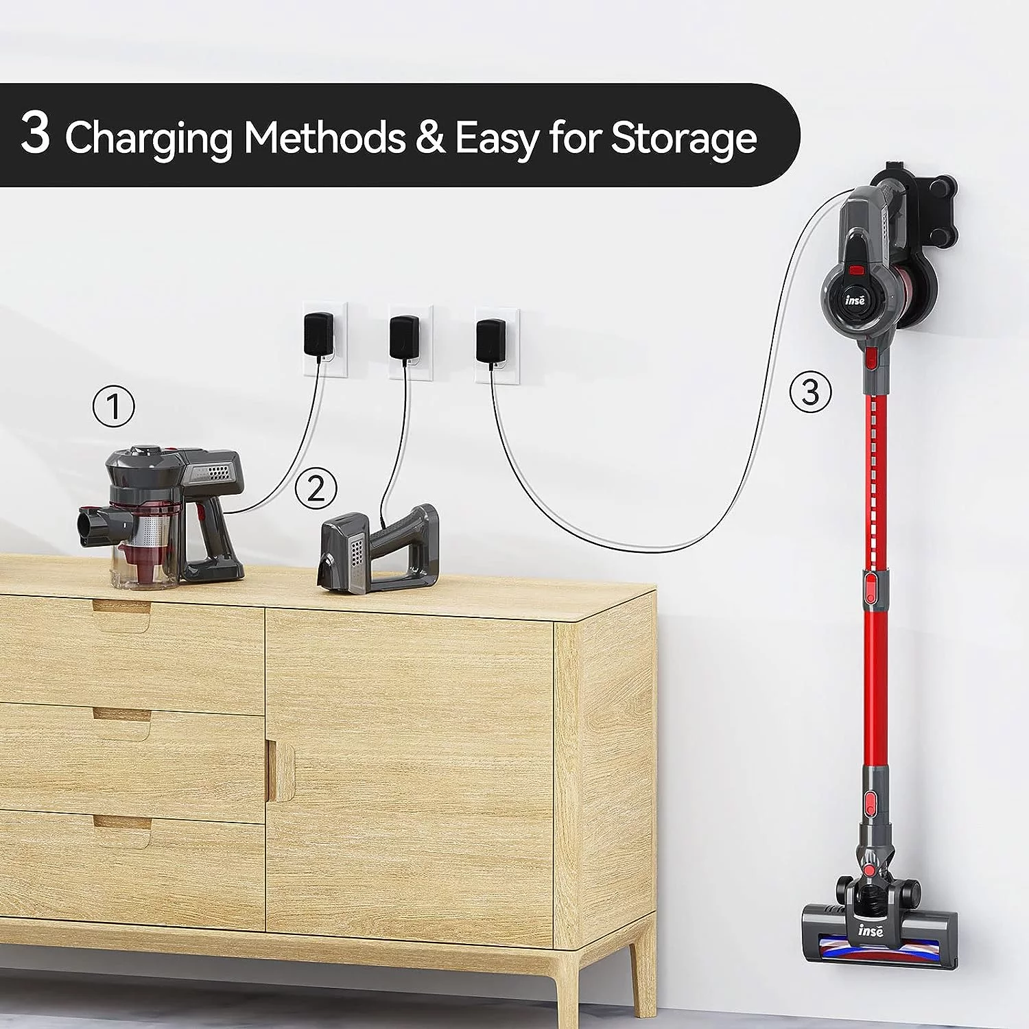 INSE N6 Vacuum Cleaner 160W Rechargeable Cordless Stick Vacuum, up to 45 minutes for Home Hard Floor Carpet Pet Hair, Red
