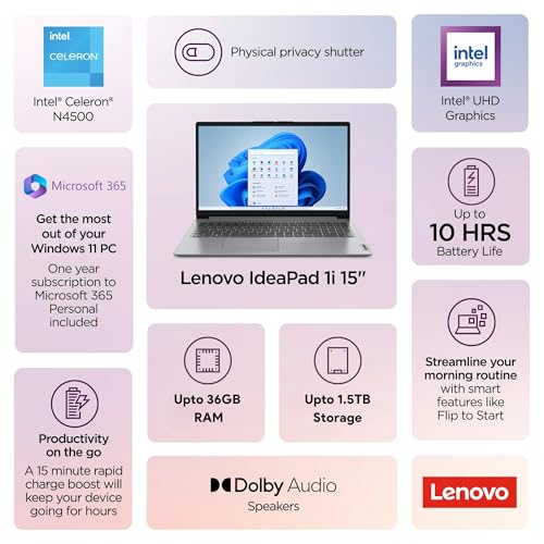 Lenovo IdeaPad 1i Laptop with Microsoft 365 Home and Business • 12GB RAM • 1TB Cloud Storage and 256GB SSD • Intel Core • 15 Anti-Glare Screen •