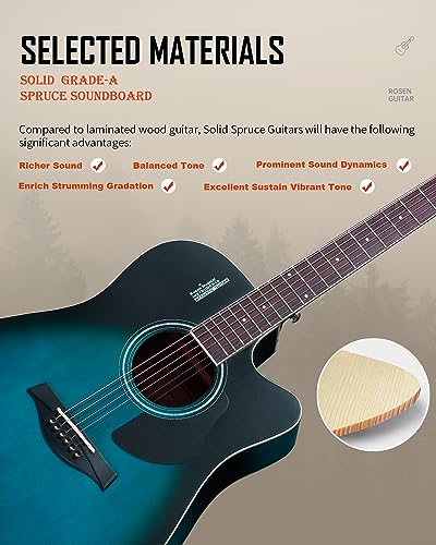 Rosen Solid Top Dreadnought Acoustic Guitar 41 Inches Spruce Guitar Beginner Bundle with Book, Padded Bag, Strings, Picks, Hexwrench, Strap