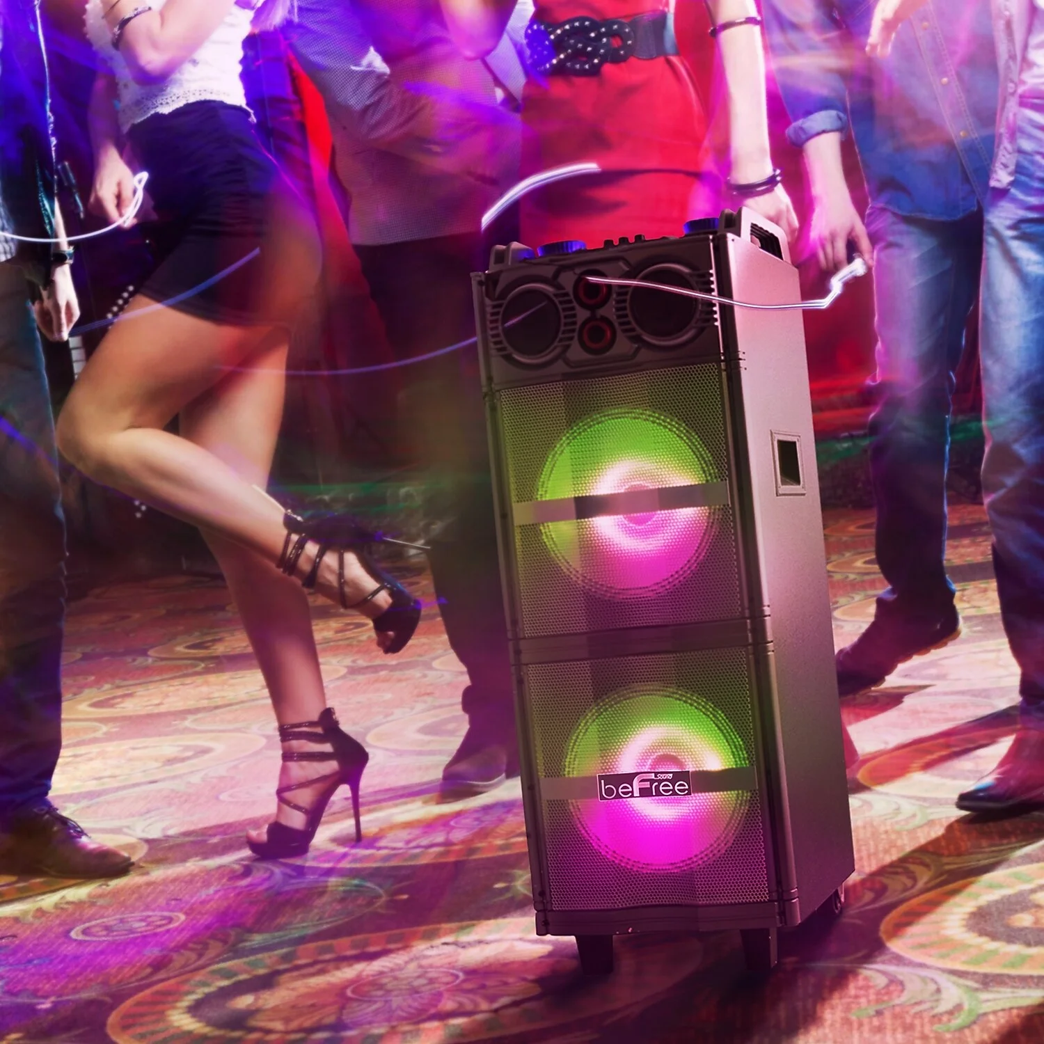 beFree Sound Double 10" Subwoofer Bluetooth Portable Party Speaker with Reactive Lights, USB/SD Input, FM Radio, Remote Control and Microphone