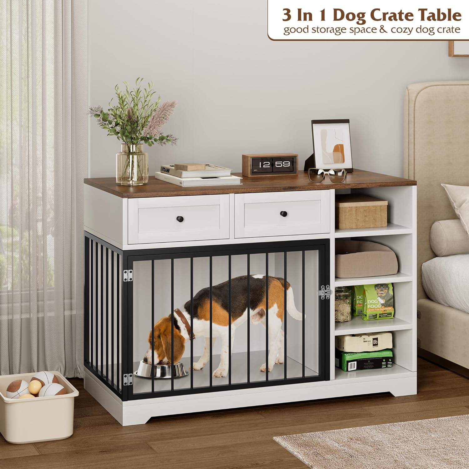 IDEALHOUSE Large Dog Crate Furniture, 47” Dog Crate with 2 Drawers and 4 Shelves, Heavy Duty Wooden Dog Crate