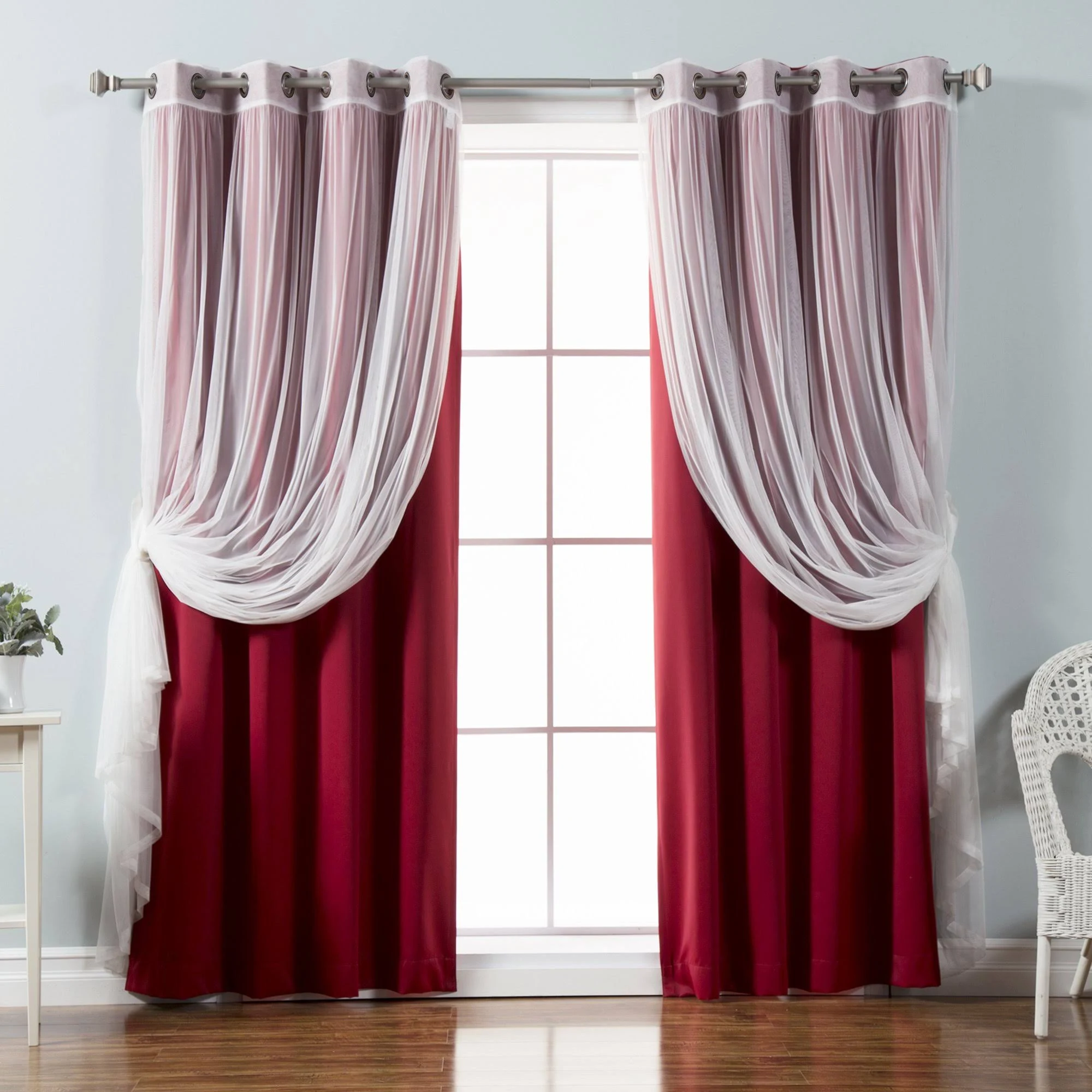 Best Home Fashion Mix u0026 Match Tulle Sheer Lace Blackout Curtain, Cardinal Red - 4 count