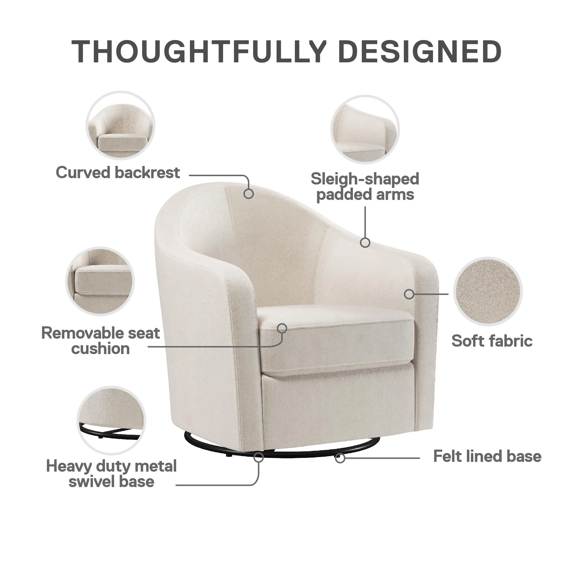 DHP Gentle Swivel Curved Accent Chair, Ivory Velvet