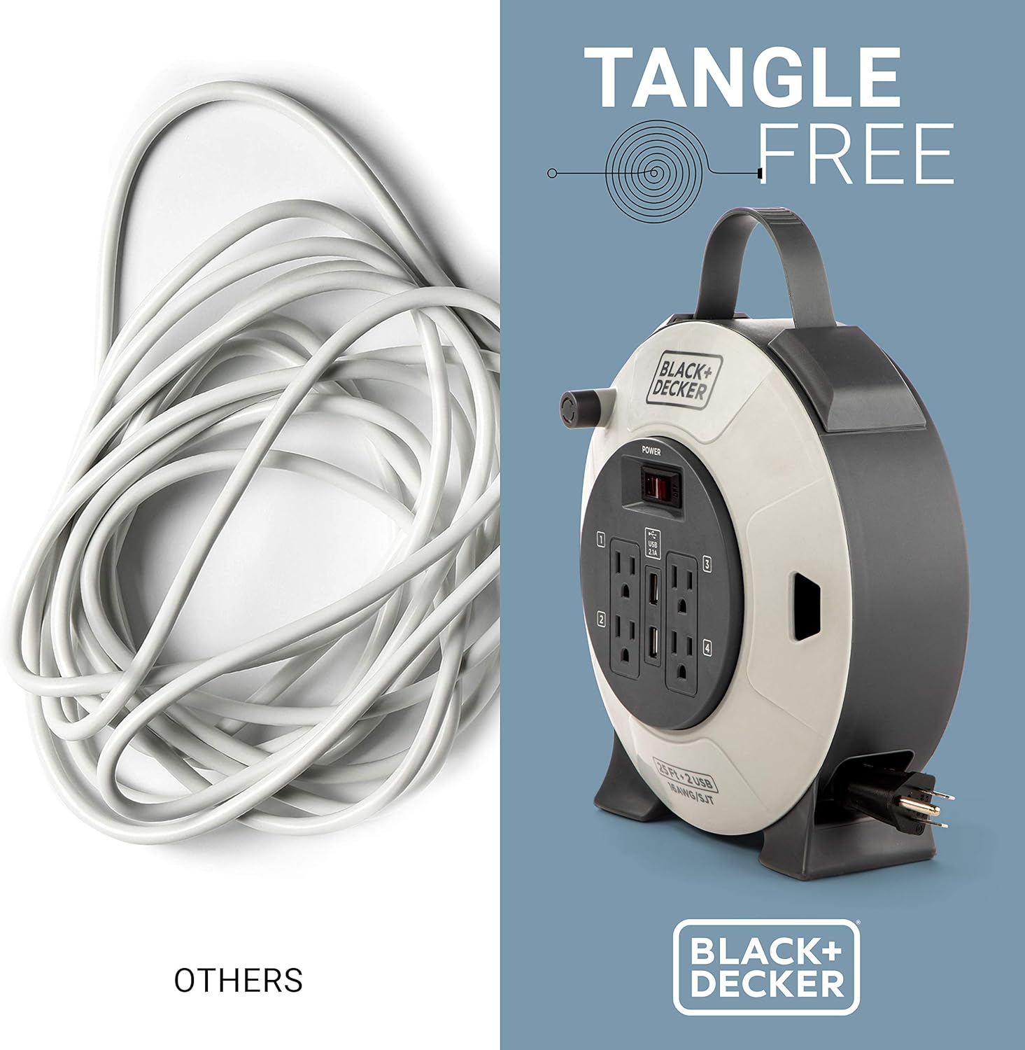 BLACK+DECKER Retractable Extension Cord, 25 ft, 4 Outlets, 2 USB Ports (2.1A), 16AWG SJT Cable - Compact Power Cord Reel with Multi-Plug Extension