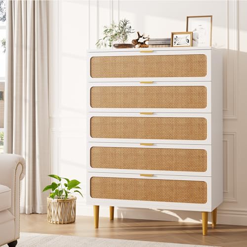 Rattan 5 Drawer Dressers for Bedroom, Tall Dresser with Deep Drawers, Large Chest of Drawers for Closet with Wide Top