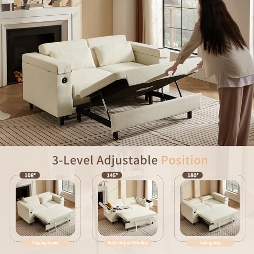 68.11" Corduroy Sleeper Chair Bed with USB Port, Cup Holders & Side Storage Pockets – 3-in-1 Foldable Sofa Bed for Guest Room, Living Room – White