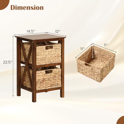 Giantex 2-Tier Nightstand with Wicker Baskets Set of 2, Wooden X-Design Side Table End Table, Beside Table with Acacia Wood Legs