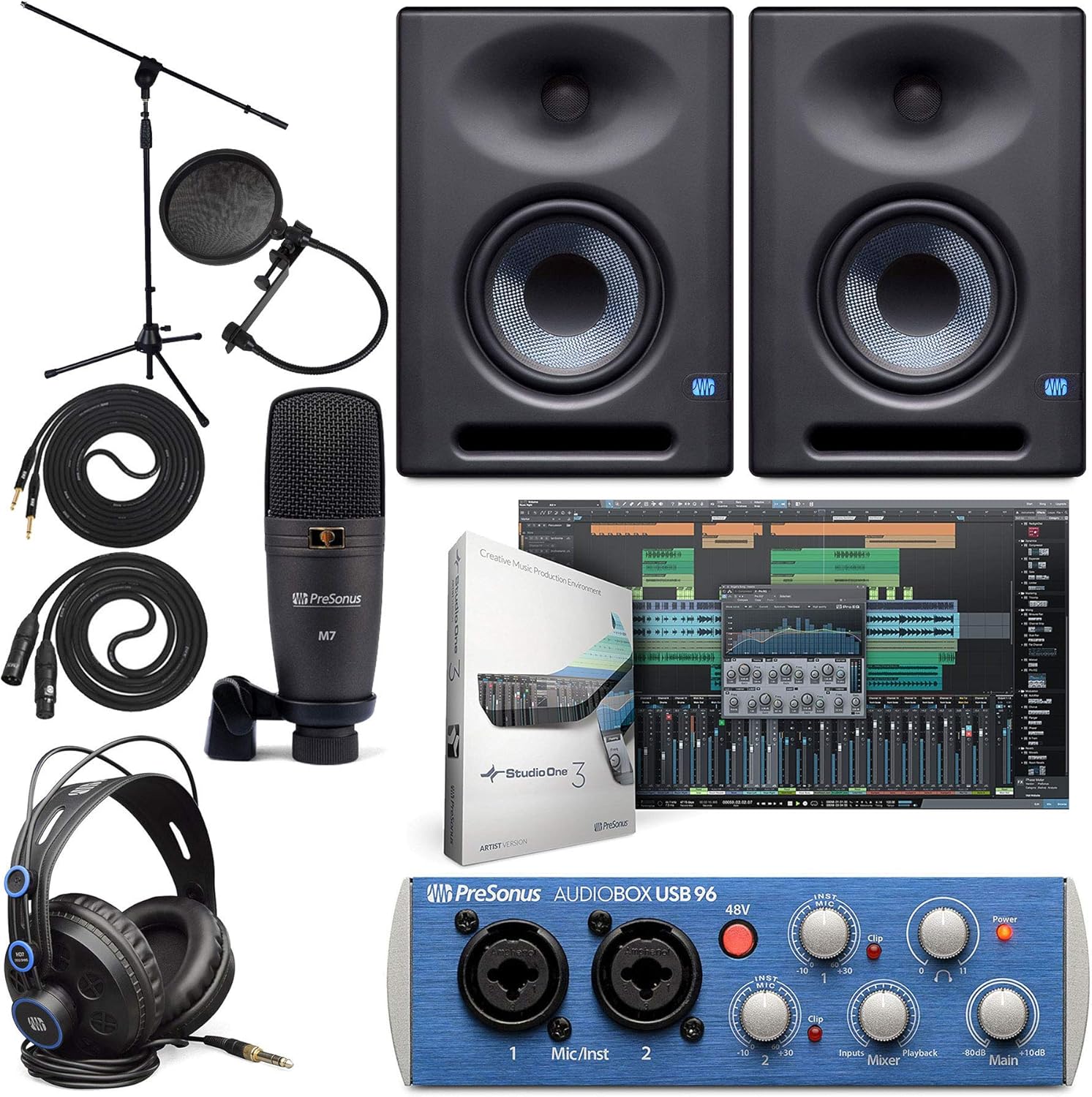 PreSonus AudioBox 96 Audio Interface (May Vary Blue or Black) Full Studio Bundle with Studio One Artist Software Pack with Eris 4.5 BT Pair Studio