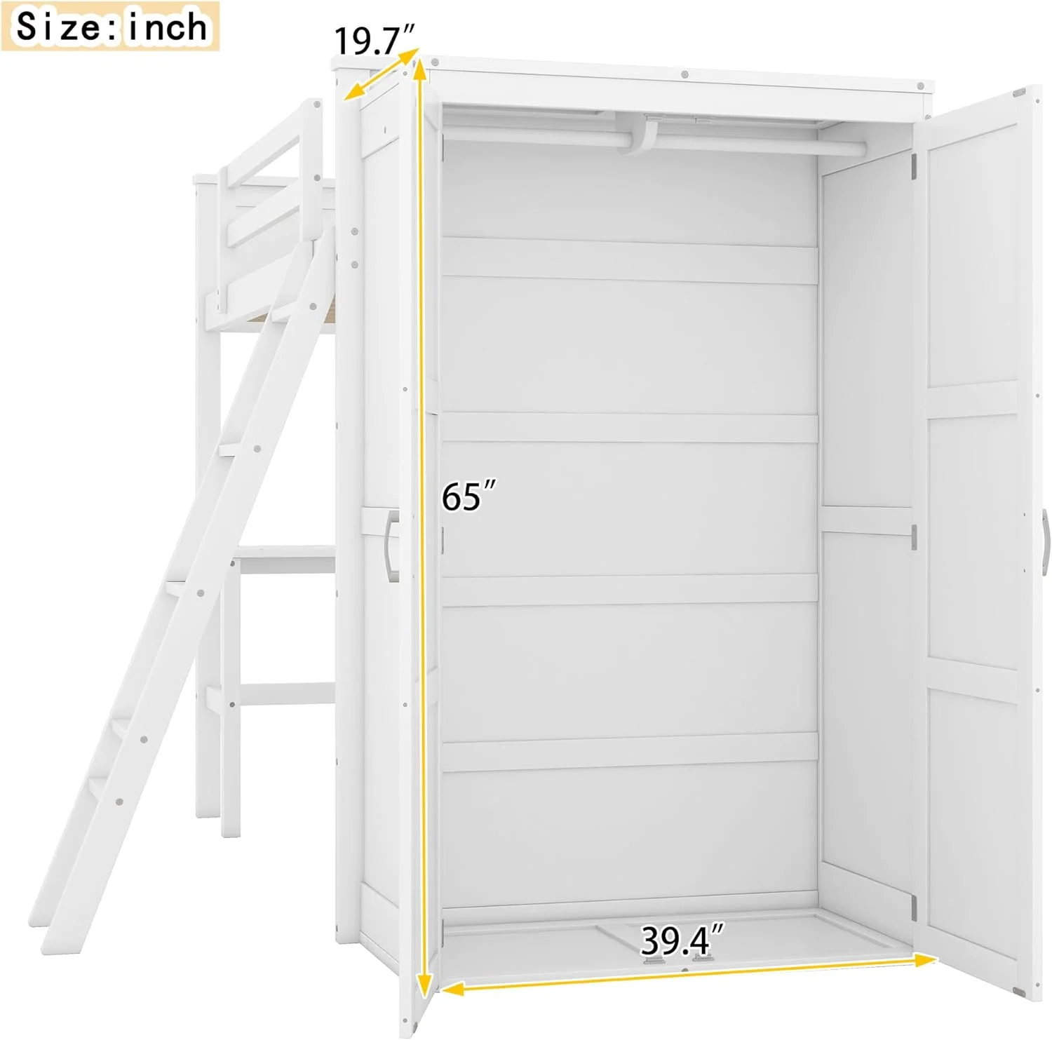 Lof Bed Wih Wardrobe Ad Desk, Wood Size Lof Bed Wih Desk Udereah Ad Sorage Shelves, Lof Bed Wih Close For Kids Boys Girls ees,Whie