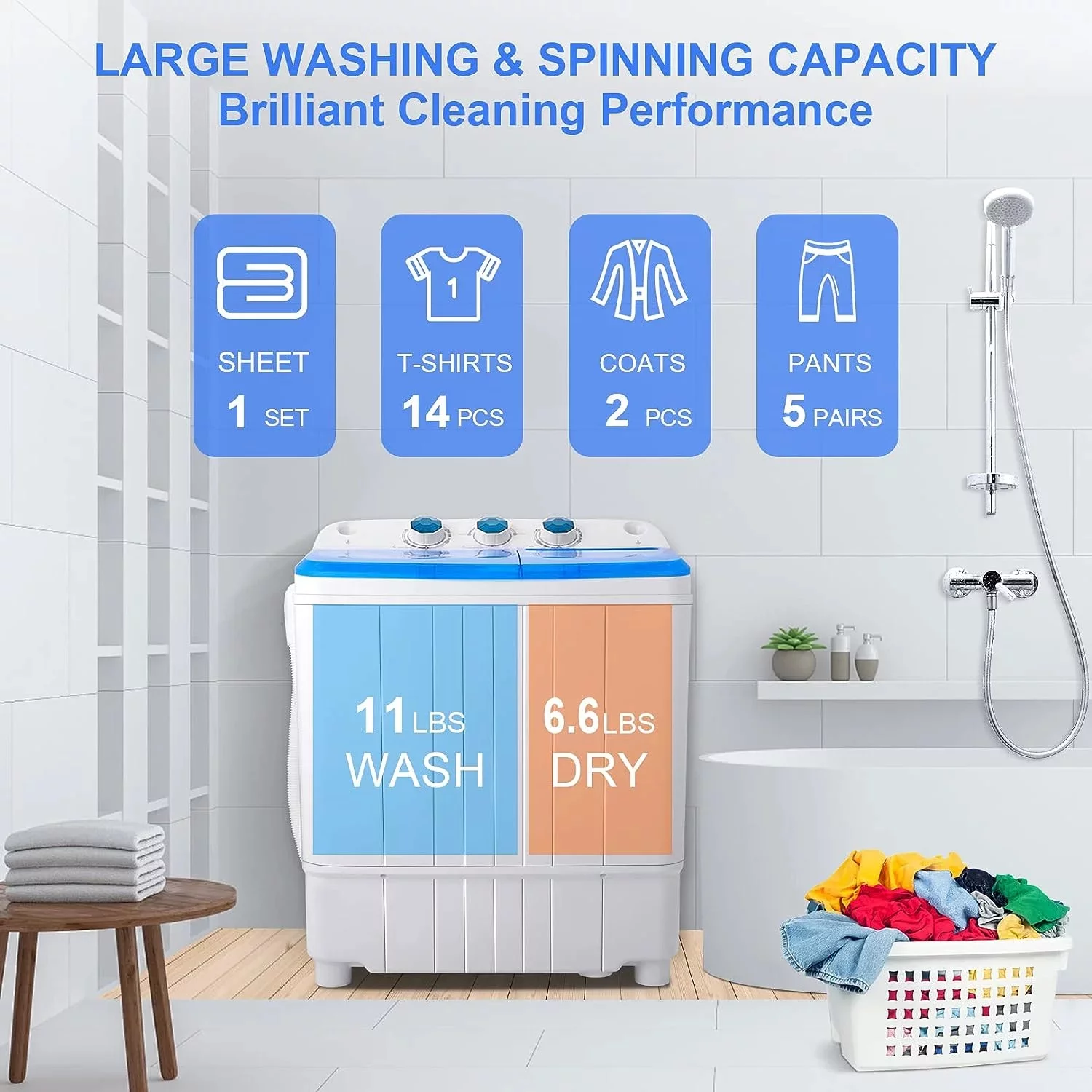 Qhomic Mini Washing Machine, 11lbs Washer & 6.6lbs Spin Dryer Combo Washing Machine, Compact Washer Machine with Drain Pump&Time for dorm, RV's