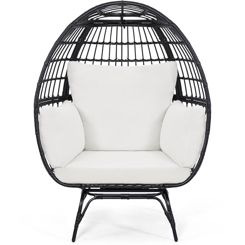 Oversized 360 Swivel Rattan Egg Chair for Adult, Indoor Outdoor Patio Large Wicker Egg Chair with Overstuffed Cushions, 440lb Weight Capacity